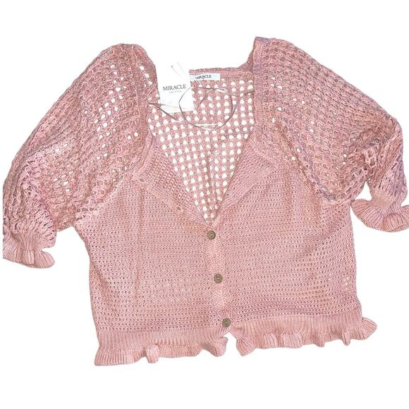 Bohemian Rose Pink Crochet Frill Cardigan Sweater Medium NEW - Picture 1 of 10